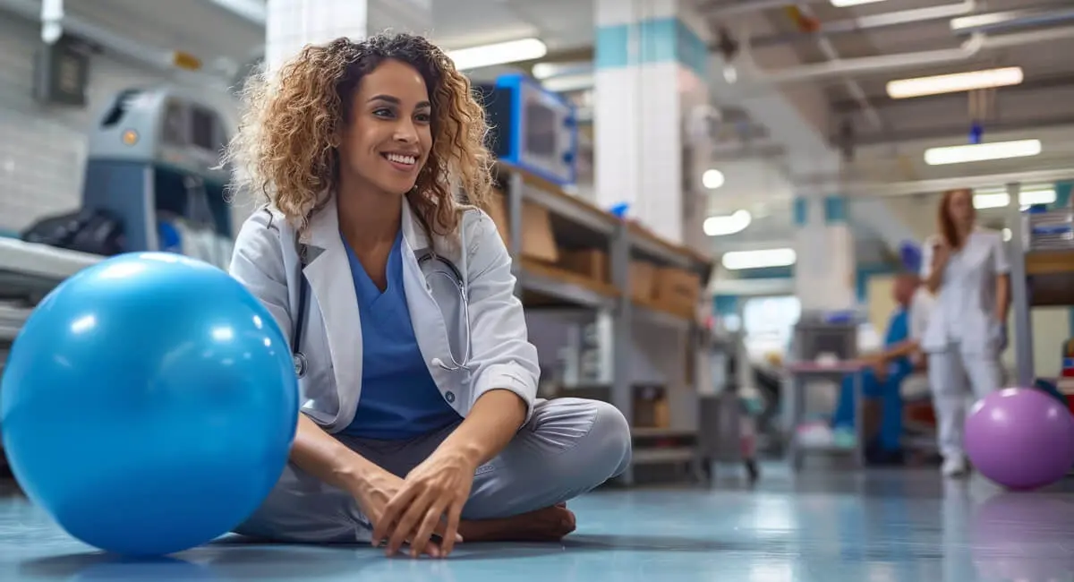 Young physio sitting on the ground with workout ball